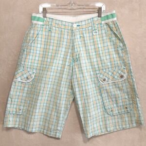 Creating Limitless Heights-CLH- Mens Plaid Cargo Shorts Sz.38x13/Blue-Yellow